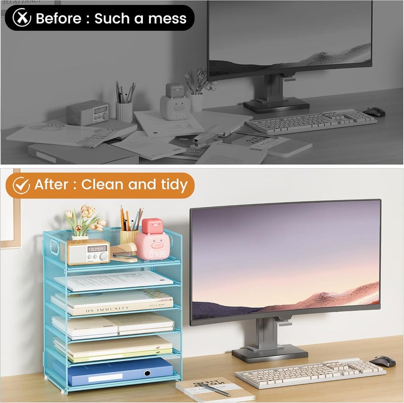 SUBEKYU 6 Tier Office File Paper Desk Tray Organizer with Handle, Stackable Slide Mesh Letter Tray Folder Blue Desk Organizer, Desktop Document Sorter for Classroom, Office, Home Supplies Storage - Image 2